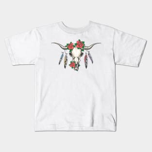 Bull Skull with Feathers and Flowers Kids T-Shirt